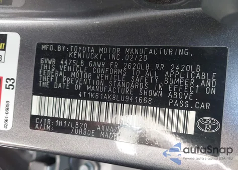 2020 Toyota Camry Xse из США, поврежденный, VIN 4T1K61AK8LU941668